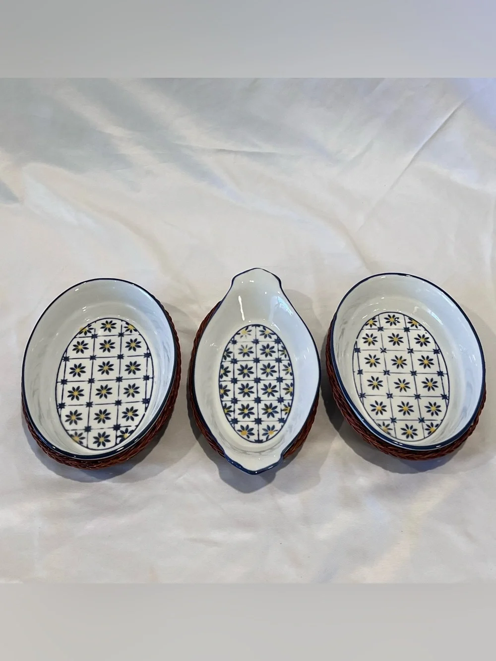 Blue Yellow Floral Ceramic Dishes Set of 3 Wicker Baskets